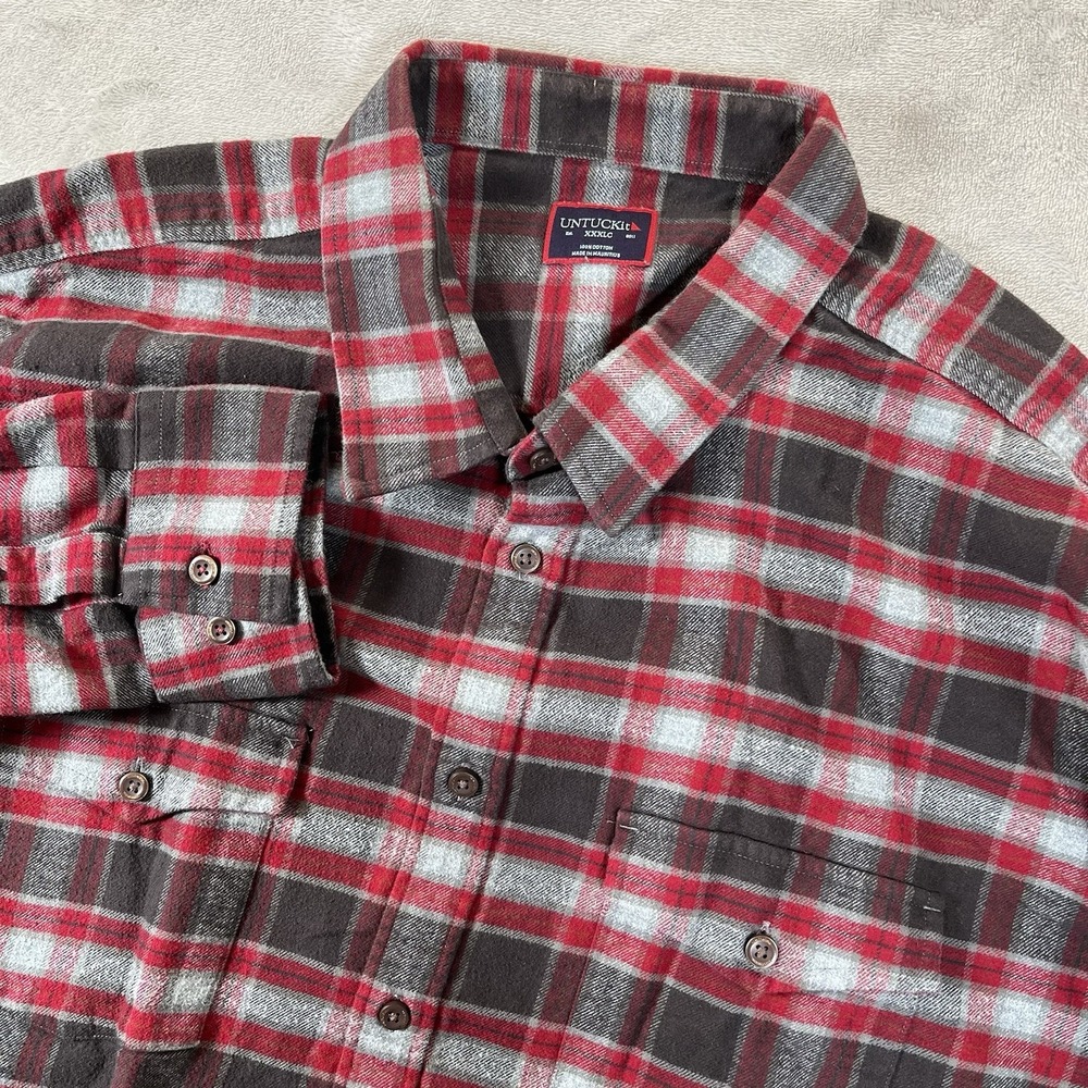 UNTUCKit Shirt Mens Manning Flannel Size 3XLC Red Gray Plaid Button‎ Up